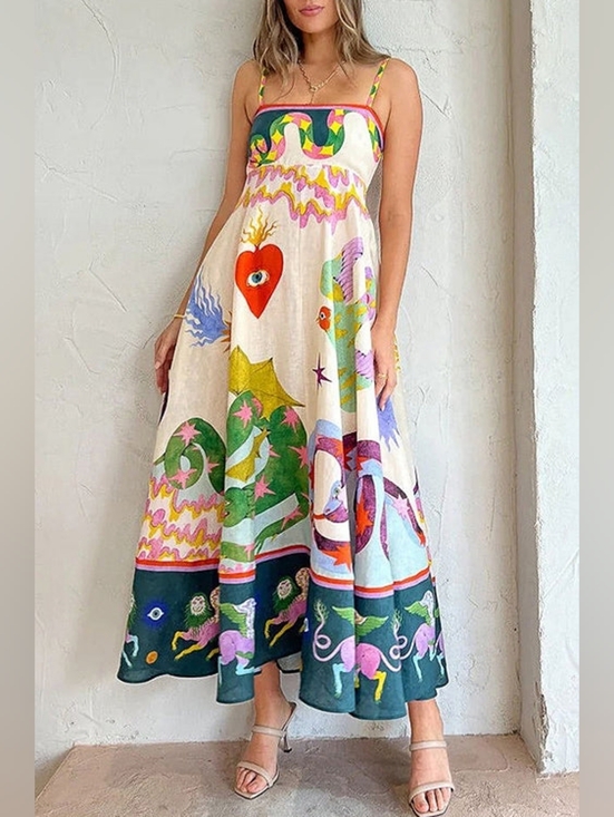 Dresses & Skirts - Women's 2026 New Casual Linen Print Long Dress, Suspender Style Wide Swing Dress